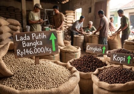 Ilustrasi aktivitas transaksi jual beli komoditas perkebunan dan dinamika harga di tingkat pasar.