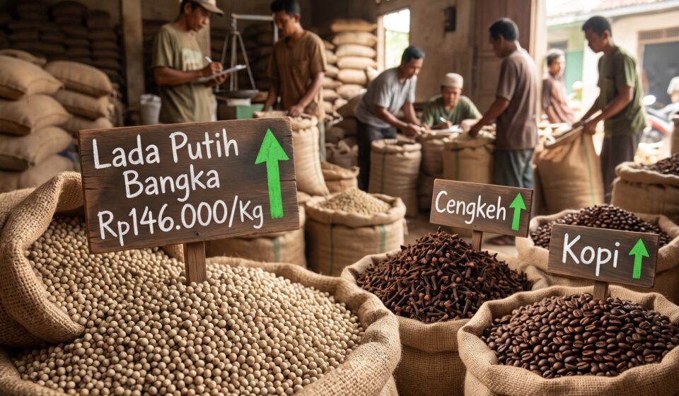 Ilustrasi aktivitas transaksi jual beli komoditas perkebunan dan dinamika harga di tingkat pasar.